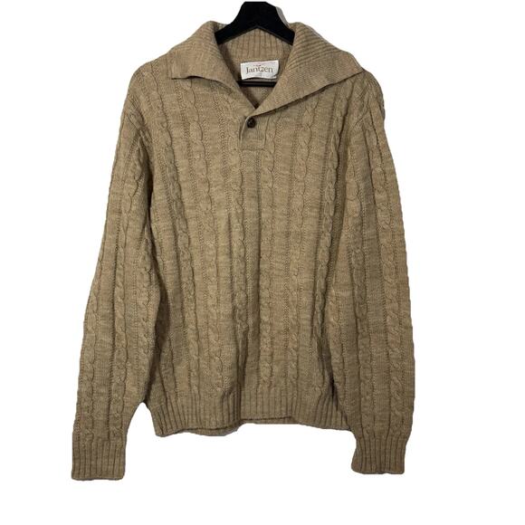 Brown Tan Sweater Jantzen Vintage Cable Knit Medium Collar Woven Button Prep 70s - Picture 1 of 10